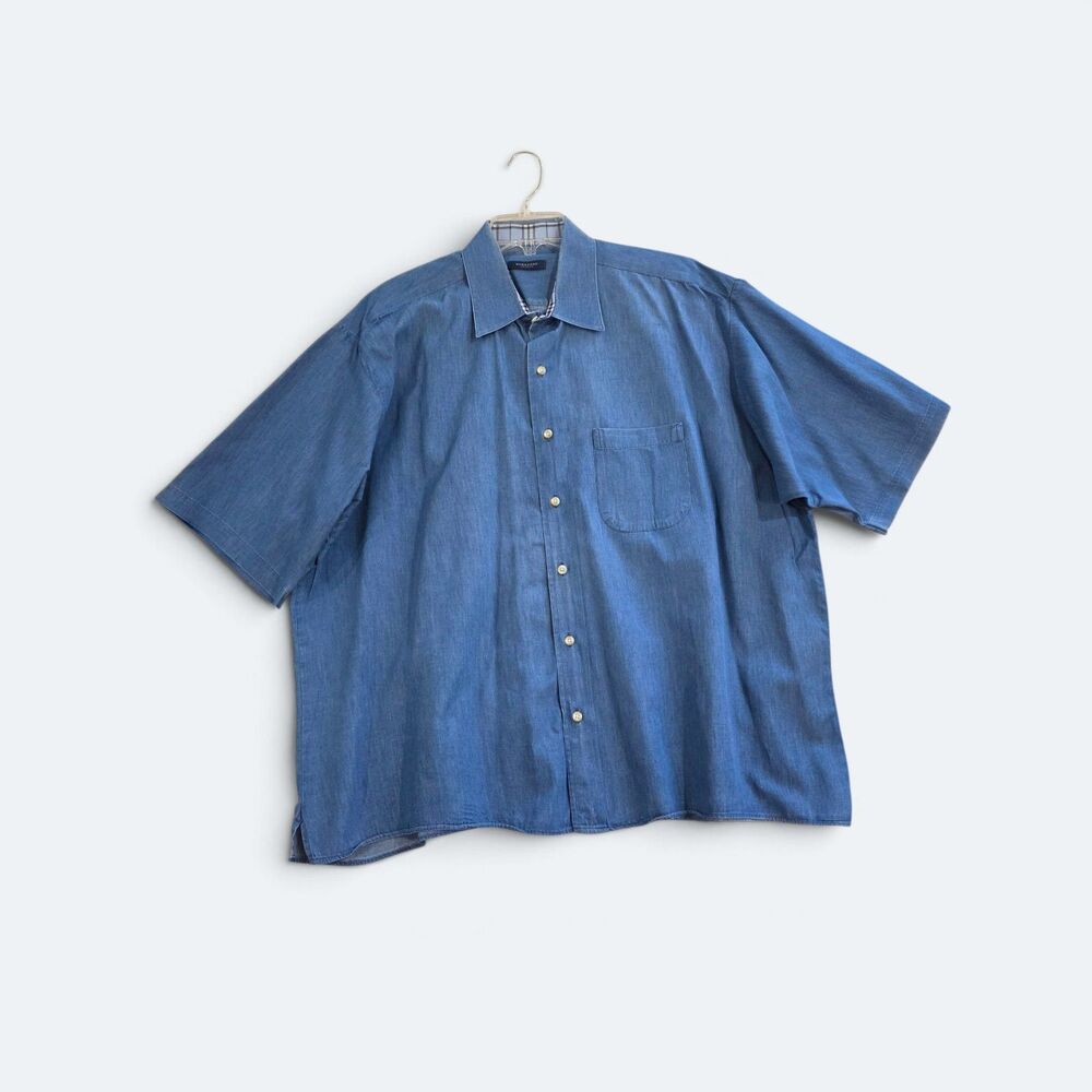 Burberry London Men XL Blue Chambray Denim Short Sleeve Button Down Shirt